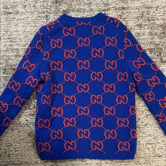 Gucci Royal Blue & Red GG Jacquard Crewneck Sweater - Picture 3 of 7